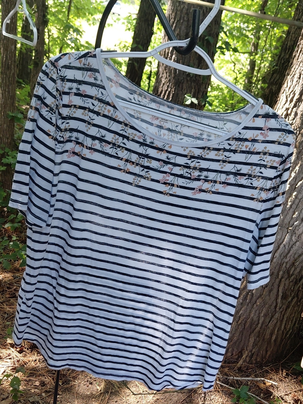 LOFT White and Navy Striped Short Sleeve Tee with Floral Yoke